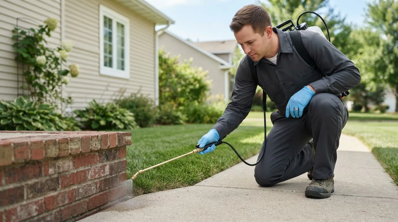 Pest control technician treating a home near Buffalo, NY